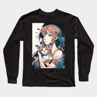 Cute Anime Girl With A Chubby Cat Long Sleeve T-Shirt